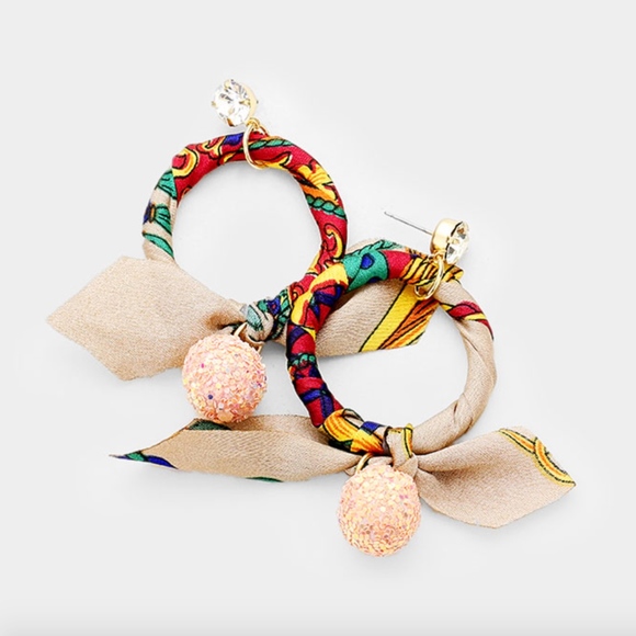 Ornamental Stone Jewelry - Ellison Cream Scarf Wrapped Hoop Boho Earrings